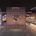Modern BBQ Restaurant Interior With Neon Signs Square Partitions White Tables Black Chairs Pendant Lights