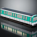 Turquoise and White Model Train with Dark Roof Multiple Windows on Reflective Surface