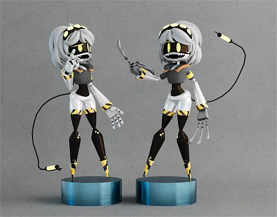Two Anime Style Sci Fi Female Figures With Gray Hair Yellow Eyes On Blue Bases 3d model