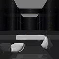 Modern Public Restroom Interior With Blue Lighting Black Walls And White Fixtures