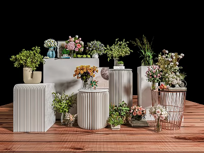 Decorative Ornament Combination With Mixed Flowers Green Plants And White Cylindrical Containers On Wooden Floor 3d model