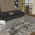 Black Leather Sofa Coffee Table Set With White Armchair Plant And Bookshelves On Patterned Rug