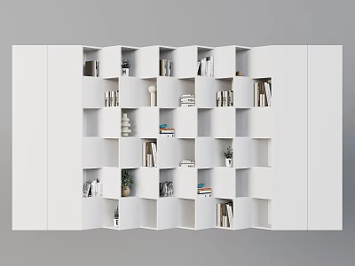 Modern White Bookcase With Geometric Shelves Books Decorative Items And Small Plants 3d model