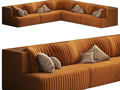 Modern Comfortable Orange Corduroy Double Sofa With Vertical Stripes And Gray Cushions 3d model