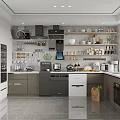 Modern Kitchen Interior Featuring Complete Dinnerware Set with Cabinets Island and Shelves 3d model