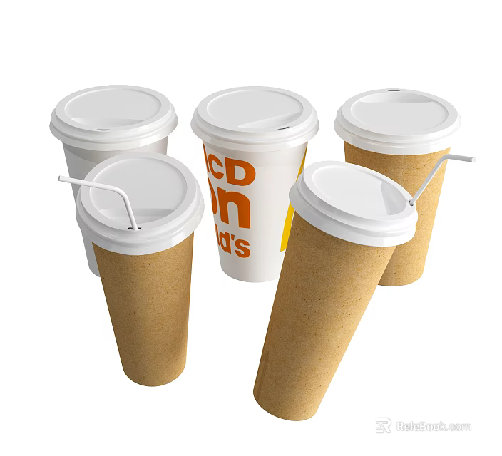 White And Brown Paper Cups With Lids Straws And BUNS Printed Design 3d model 