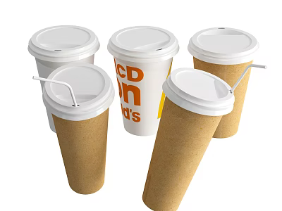 White And Brown Paper Cups With Lids Straws And BUNS Printed Design 3d model