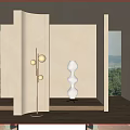 Pink Multi Layered Cone Chandelier in Room with White Columns Wooden Floor and Window Trees