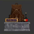 Stone Platform With Brown Backpack Decorative Book And Potion Bottle