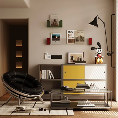 Modern Entryway Console And Side Cabinet With Decorative Books Paintings Floor Lamp Armchair 3d model