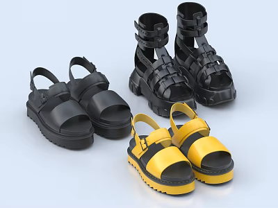 Stylish Black And Yellow Sandals With Thick Soles And Straps Design 3d model