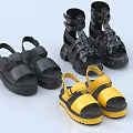 Stylish Black And Yellow Sandals With Thick Soles And Straps Design