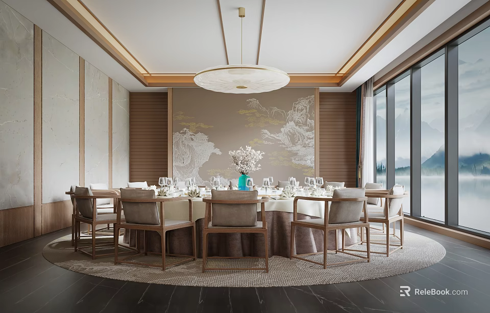 Elegant Private Dining Room With Round Table Mountain View And Pendant Light 3d model