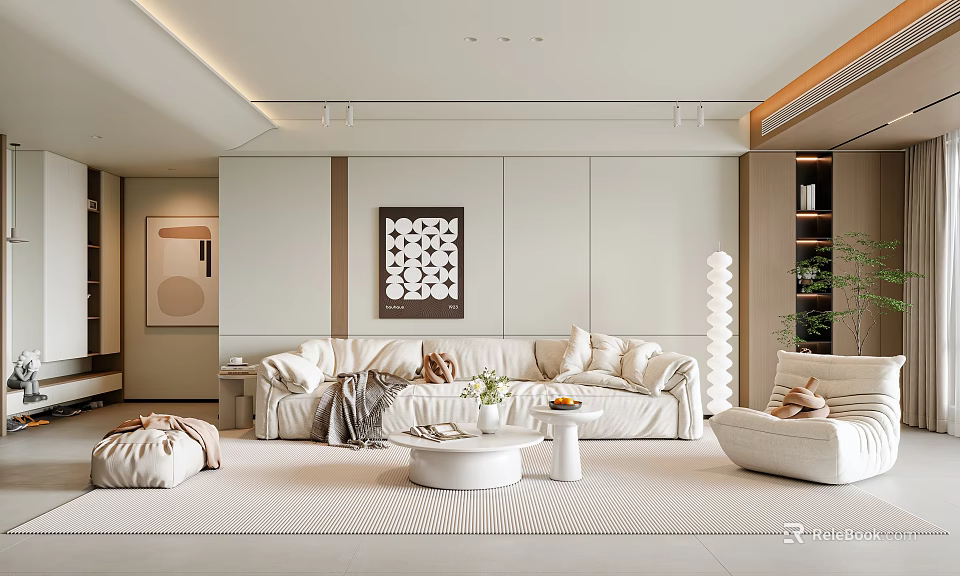 Modern Living Room Interior With Light Colored Sofa Geometric Wall Art And Round Coffee Table 3d model 