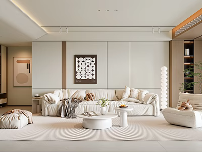 Modern Living Room Interior With Light Colored Sofa Geometric Wall Art And Round Coffee Table 3d model