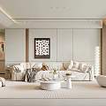 Modern Living Room Interior With Light Colored Sofa Geometric Wall Art And Round Coffee Table