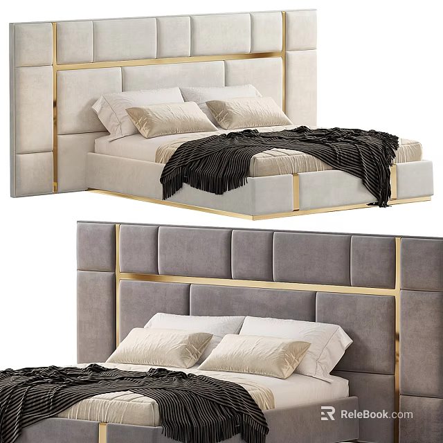 Background Double Bed With Modern Upholstered Headboard Gold Accent And Soft Blanket Design 3d model 