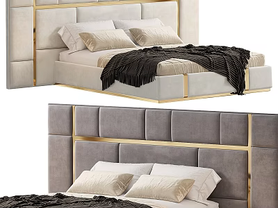 Background Double Bed With Modern Upholstered Headboard Gold Accent And Soft Blanket Design 3d model
