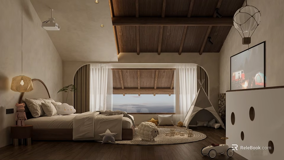 Hotel Guest Room With Wooden Ceiling Arched Window Scenic View Kids Teepee And Toys Rug 3d model 