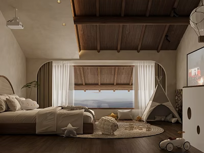 Hotel Guest Room With Wooden Ceiling Arched Window Scenic View Kids Teepee And Toys Rug 3d model