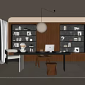 Modern Study Room Interior With Bookshelves Desk Laptop Sculpture And Pendant Light