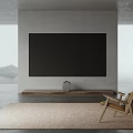 Minimalist TV Wall In Living Room With Wooden Shelf And Chair