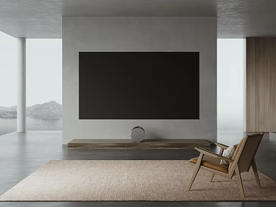 Minimalist TV Wall In Living Room With Wooden Shelf And Chair 3d model