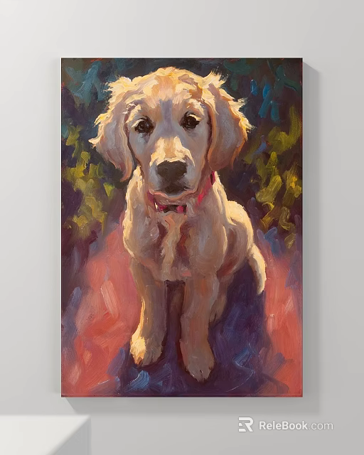 Golden Retriever Puppy Animal Painting with Vibrant Colors Background and Pink Collar 3d model 