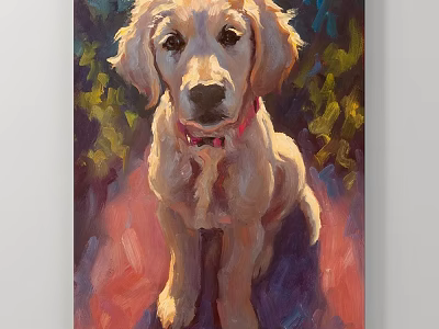 Golden Retriever Puppy Animal Painting with Vibrant Colors Background and Pink Collar 3d model
