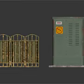 Green Electrical Cabinet And Golden Metal Fence In Outdoor Utility Setup
