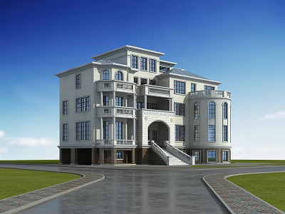 White Detached Villa With Multi Story Design Large Windows Front Driveway And Green Lawn 3d model