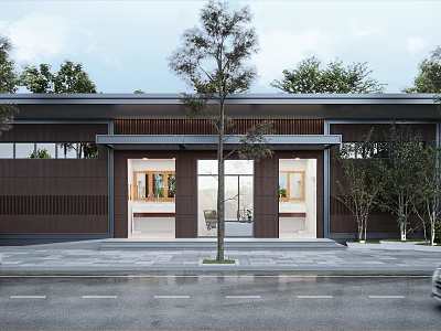 Traditional Chinese Style Building Exterior With Brown Walls Wooden Grilles Front Trees And Stone Steps 3d model