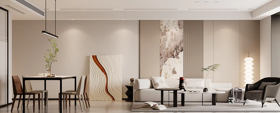 Modern Living and Dining Room Interior With Sofa Coffee Table Dining Chairs And Artwork 3d model 