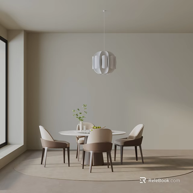 Modern Round Dining Table Set with Beige Chairs Pendant Light and Window 3d model