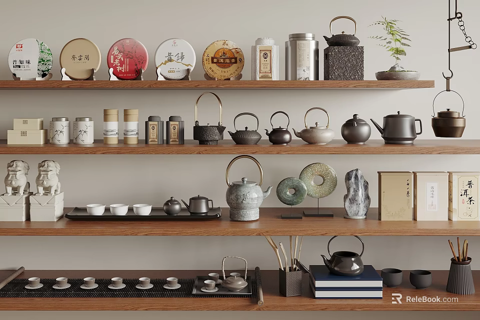 Traditional Chinese Tea Sets Display On Wooden Shelves With Teapots Teacups Tea Canisters And Decorations 3d model 