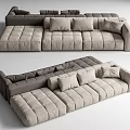 Modern Beige Fabric Sectional Sofa With Plush Cushions And Multiple Soft Pillows 3d model