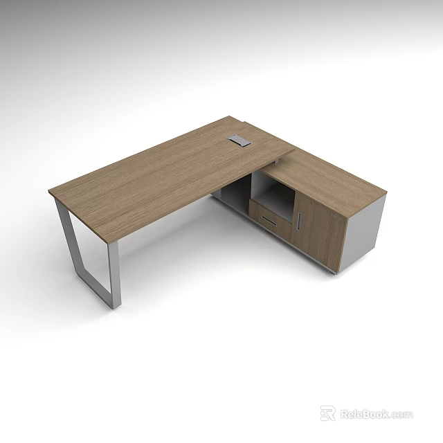 Modern Office Desk With Wooden Tabletop Metal Legs And Drawer Cabinet 3d model 