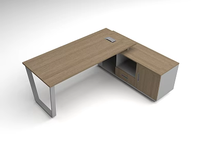 Modern Office Desk With Wooden Tabletop Metal Legs And Drawer Cabinet 3d model
