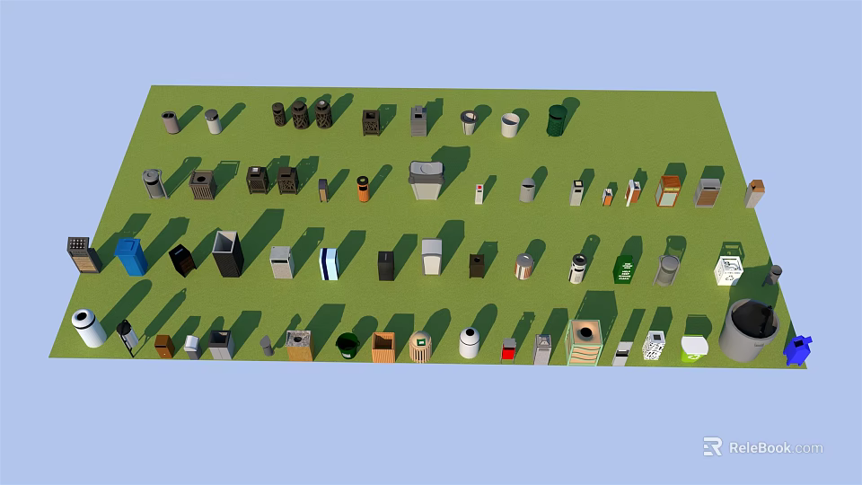 Public Facilities Waste Bins With Various Shapes And Colors Arranged Neatly 3d model 