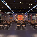 Modern Restaurant Interior Design With Round Tables Bar Counter Neon Lights And Wine Racks