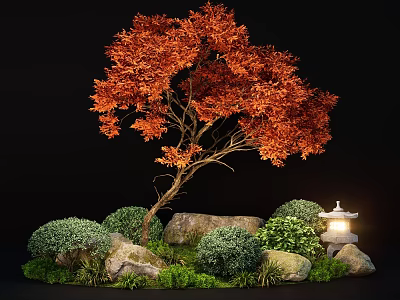 Japanese Garden Landscape With Red Leaved Tree Stones Green Shrubs And Lit Lantern 3d model