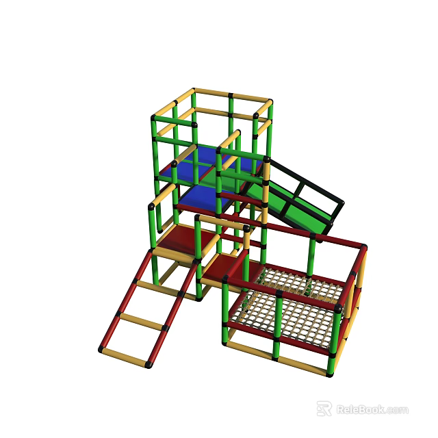 Colorful Kids Play Area With Multi Level Structure Slide Ladder And Mesh Floor Platforms 3d model 