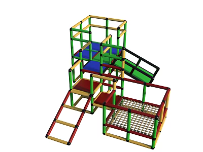 Colorful Kids Play Area With Multi Level Structure Slide Ladder And Mesh Floor Platforms 3d model