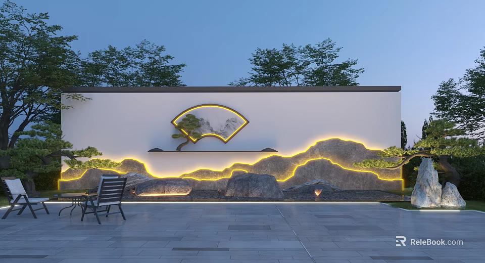 Scenic Garden Wall Featuring Fan Shaped Landscape Painting Yellow Lighting Outlining Mountain Shapes and Trees 3d model 