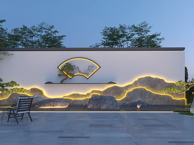 Scenic Garden Wall Featuring Fan Shaped Landscape Painting Yellow Lighting Outlining Mountain Shapes and Trees 3d model