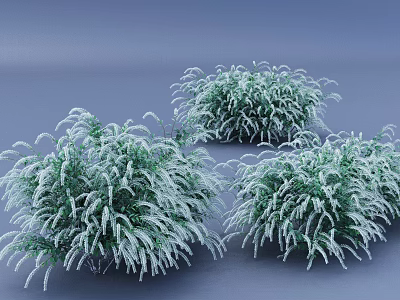 Lush Green Bushes Covered With Snow In Three Groups On Gray Background 3d model