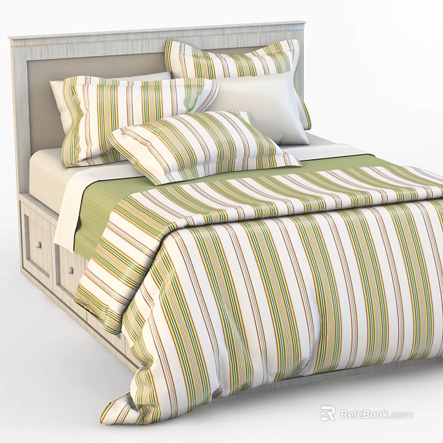 Single Bed With Green White Brown Striped Bedding Pillows And Wooden Frame 3d model 