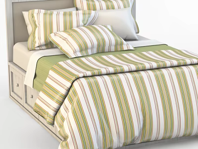 Single Bed With Green White Brown Striped Bedding Pillows And Wooden Frame 3d model