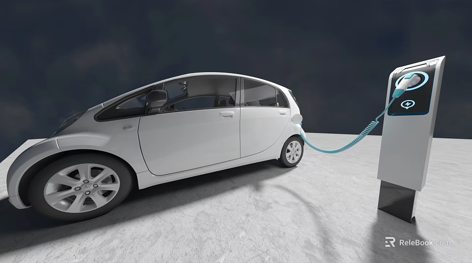 White Electric Car Being Charged at Modern Public Charging Station 3d model 