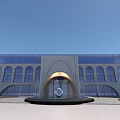 Modern Office Building Exterior With Arched Entrance And Large Glass Facade Design